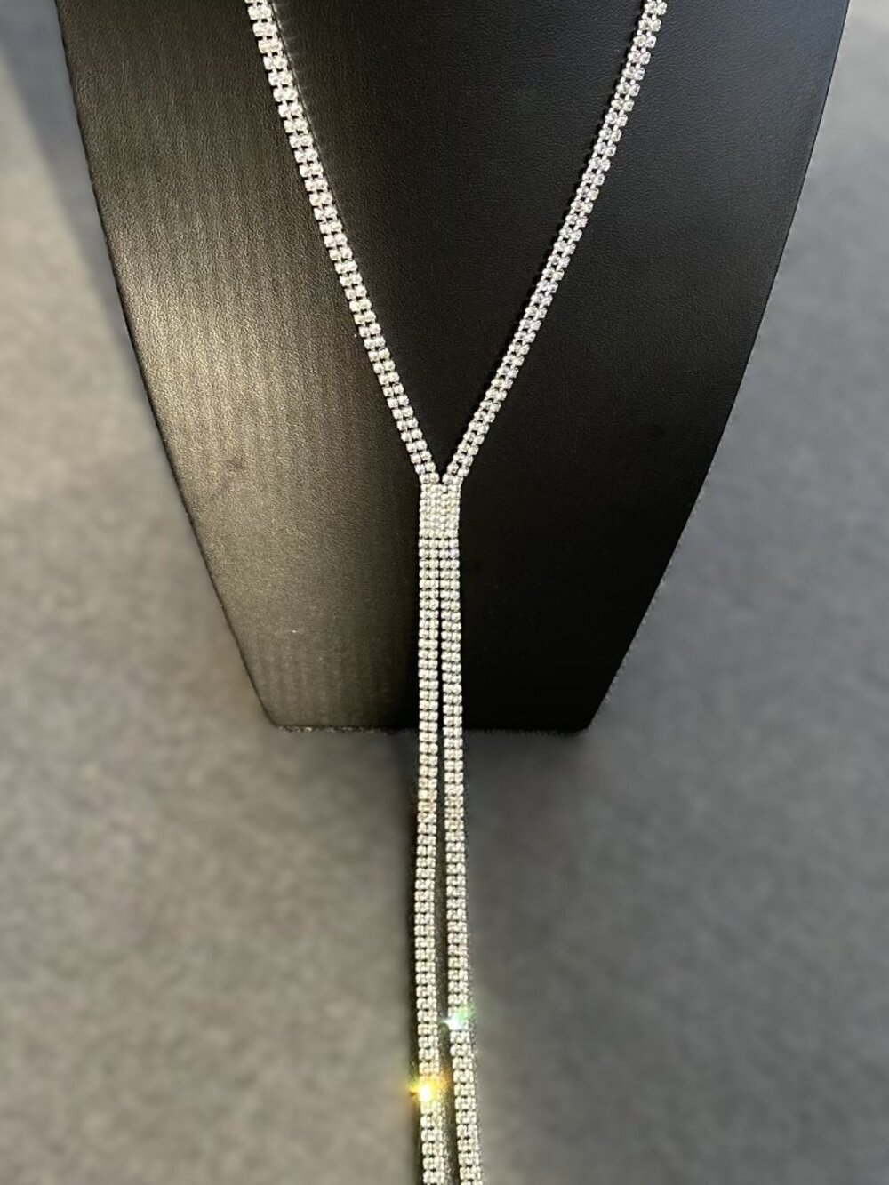 Silver Rhinestone Y Necklace Long Drop Necklace Elegant Sparkly Statement - Picture 3 of 10